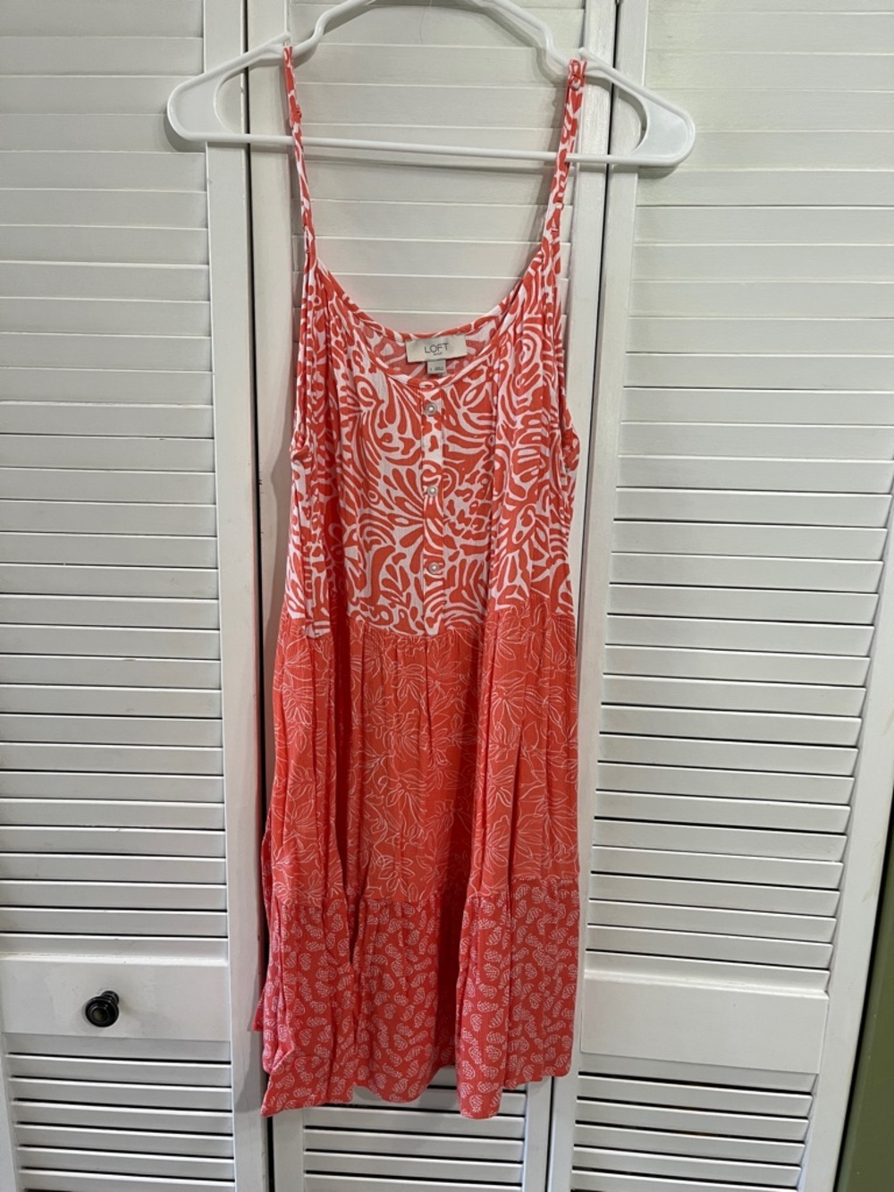 LOFT Coral Print Tiered Spaghetti-Strap Mini Dress